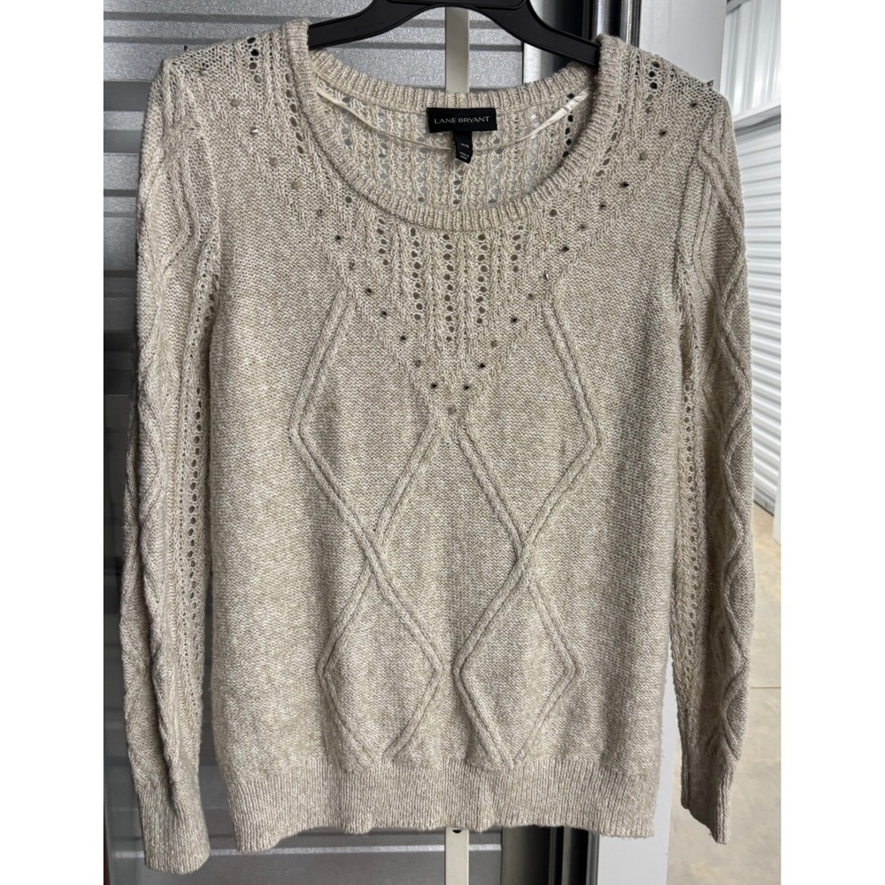 Lane Bryant Women Beige Cable Knit Pointelle Studded Sweater Size 14/16